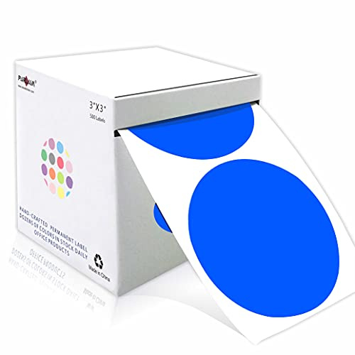 PARLAIM Pegatinas redondas permanentes de 7,6 cm, 500 unidades por caja dispensadora, etiquetas circulares de inventario azules