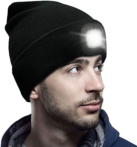 Mütze mit LED Licht, Beleuchtete Mütze Wiederaufladbare USB Strickmütze mit Licht Abnehmbar Waschbar für Jogging, Camping, Grillen