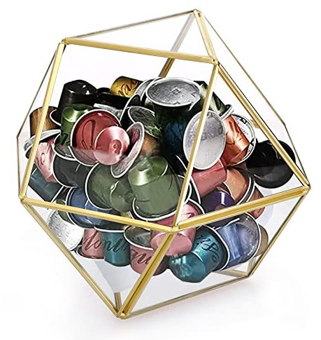 ELLDOO Gold Glass Coffee Pods Holder, Large Capacity 14 Sided Glass Box for K Cups & Nespresso Capsules, Coffee Capsule Storage for Counter Coffee Bar, Kitchen, Office