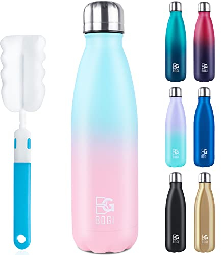 BOGI Insulated Water Bottles,750ml Metal Water Bottle,Leakproof Stainless Steel Water Bottle Keep Hot and Cold Water Bottle Bike Gym Sports Water Bottle for Girls Kids with Cleaning Brush(Spink)