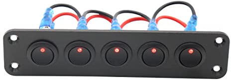 Asudaro 5-Gang Kippschalter Panel, 12V Wippschalter mit rotem LED-Licht, Wasserdicht, Schwarz