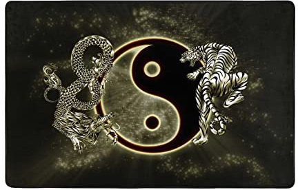 Yin Yang Teppich mit Drachen-Tiger-Druck, rutschfester Teppich für Wohnzimmer, Esszimmer, Schlafzimmer, Küche, 100 x 150 cm