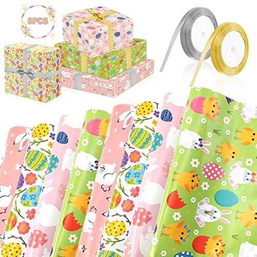 TOPJOWGA Geschenkpapier, 8 Stücke Osterpapier Geschenkpapier mit 2 Rollen Band, Ostern-Einschlagpapier, Lustigen Bunten Osterhasen Geschenkverpackung, DIY Wrapping Paper Geschenkpapier Mädchen Junge