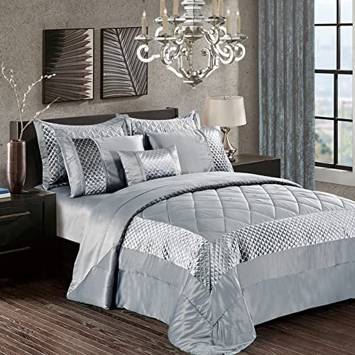PRIME LINENS Luxury 3 Pcs Quilted Bedspread Bedding Set Comforter Bed Throw with Matching Pillow Shams Satin Sequence Design Easy Care (Silver/Grey, King)