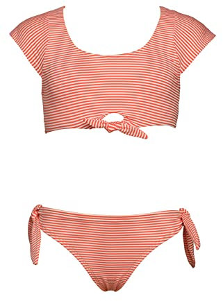Hobie Girls' Cap Sleeve Bralette Bikini Top & Bow Tie Hipster Bottom Swimsuit Set Two Piece, Poppy//Sailor Stripes, 16