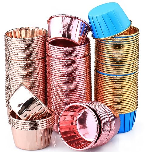 jsysj 150 Stücke Muffinförmchen Papier, Wasserdicht und Ölfest Backförmchen Papier, Cupcake Formen Papier für Heim oder Party - 50 Stücke Champagner Gold, 50 Stücke Roségold und 50 Stücke Blau
