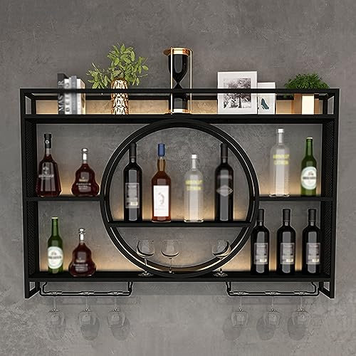 Muraux industriels porte-bouteilles avec verre, casier à vin en métal suspendu, étagères polyvalentes et étagère murale en verre pour bar boissons (Color: Black)