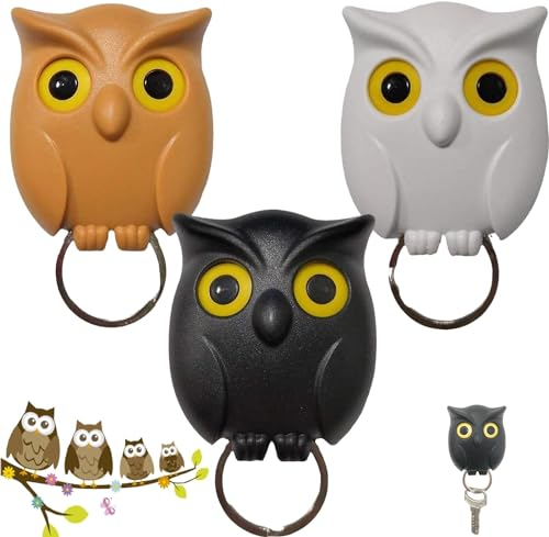 Pipihome Eulen Schlüsselhalter, 3 Stück Schlüsselanhänger Eule Key Holder, Owl Schlüsselaufhänger Magnetisch Schlüsselbrett Ohne Bohren für Wand, Schlüsselablage für Flur Zuhause Büro Dekorations
