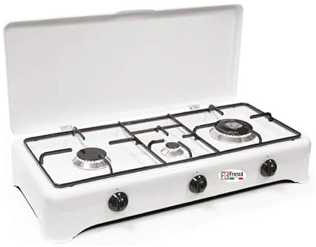 Fornello 3 fuochi a gas GPL smaltato bianco per uso esterno con bruciatore doppia fiamma Made in Italy completo di regolatore di pressione e 1500 mm. di tubo gas - 5324/GP/C