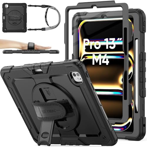 SEYMAC stock Funda para iPad Pro 13 Pulgadas (M4) 2024, Funda Resistente con Protector de Pantalla/Portalápiz/Correa de Mano giratoria 360/Soporte/Bandolera, Negro