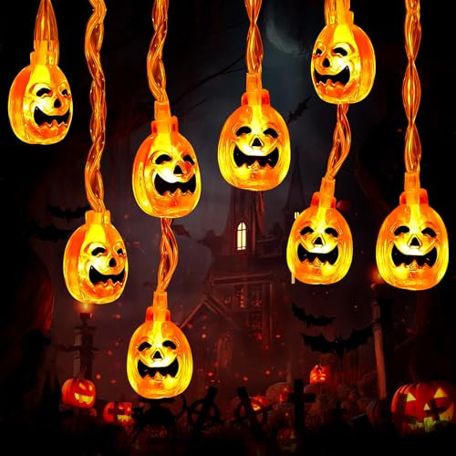 Lunriwis Halloween Lichterkette 4.5M 30 LEDs Batterie Halloween Kürbis Lichterketten, wasserdichte Kürbis Lichter Halloween Beleuchtung Dekoration für Außen Innen