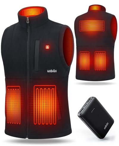 UNBON Veste Chauffante Homme, Gilet Chauffant Homme avec Batterie USB 10000mAh Électrique, Veste Polaire Chauffante avec 3 Températures 6 Zones de Chauffage sans Manche pour Moto Chasse, Noir, XXL