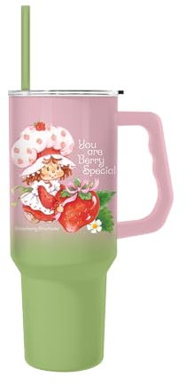 Silver Buffalo Strawberry Shortcake You are Berry Special Vintage Pink and Green Ombre Stainless Steel Tumbler with Handle and Straw, Fits in Standard Cup Holder, 40 Ounces