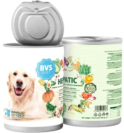 BVS Vet Shop | Aliment diététique à l'agneau et aux Haricots Verts pour Chiens souffrant d'insuffisance hépatique Chronique | 6 boîtes de 400 g