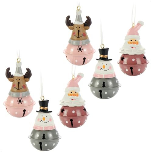 com-four® 6-teiliges Hängedeko Set aus Metall 7 x 4 cm - Weihnachtsmannfigur, Schneemannfigur und Rentierfigur zum Aufhängen - weihnachtliche Dekoration - Weihnachtsdeko (braun rosa grau - 6 Stück)