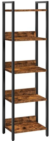 MAHANCRIS Bücherregal, Standregal, Freistehendes Regal, mit 5 Ebenen, 24 x 33 x 131 cm, Offene Ablagen für Wohnzimmer, Schlafzimmer, Büro, mit Metallrahmen, Rustikales Braun und Schwarz ABKHR5501N1
