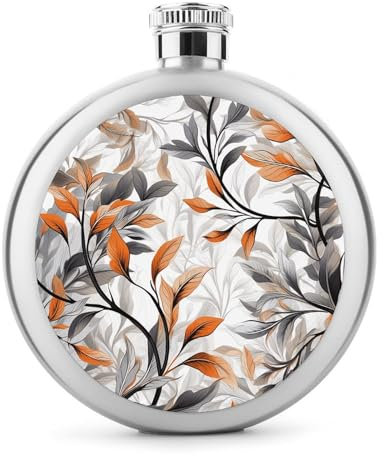Orange And Gray Leaves Hip Flask 304 Stainless Steel Hip Flask Portable Wine Flasks Leakproof Whiskey Flasks for Drink Bar BBQS And Traveling,Capacity 5 Oz