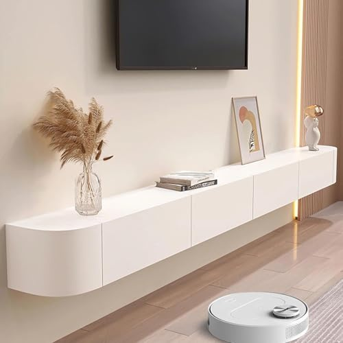 Btsunotr Floating tv unit Floating TV Cabinet Wall Mounted Home Storage Cabinet With Doors Entertainment Media Console Solid Wood Modern Living Room Round Corner (White, 180cm)