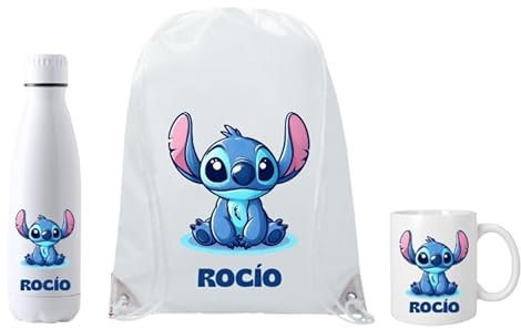 Genérico Regalo de Stitch personalizado con nombre - Lilo y Stitch - Varios productos regalo - Botella + mochila + taza