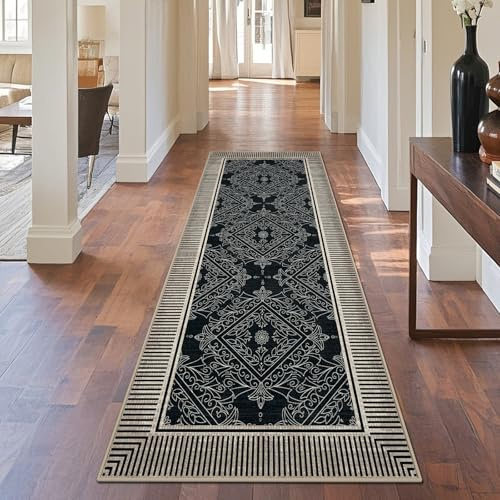 GEANUP Modern Schwarz Küchenläufer 80x200 cm Waschbar rutschfest | Gestreifter Küchenteppich, Weicher Teppich Läufer Flur Lang, Kurzflor Flurteppich für Eingang Schlafzimmer Wohnzimmer