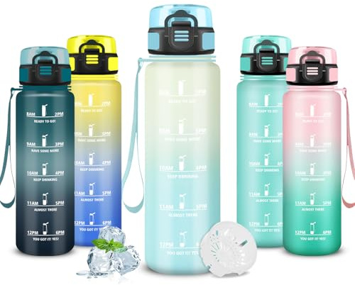 Mujigaga Trinkflasche Kinder- 0.5l- Wasserflasche, Trinkflasche mit Zeitmarkierung, Auslaufsicher, Wasserflasche mit Filter, Kann mit dir Tragen, Water Bottle für Schule, Picknick, Büro, Running
