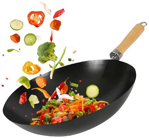 BARGAINS-GALORE 25cm Non Stick Wok - Fry Asian Frying Pan Two Wooden Handle Kitchen Pot Grill Cook Chinese | Classic | Non-Induction, Wooden Handle, Flat Base Pan