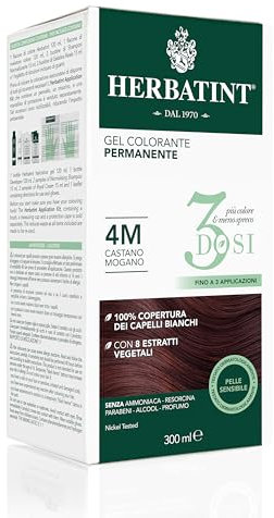 Herbatint Gel Colorante Permanente 3Dosi, 300ml - 4M Castano Mogano, Senza Ammoniaca, per Pelli Sensibili, 100% Copertura Capelli Bianchi, con 8 Estratti Naturali Bio