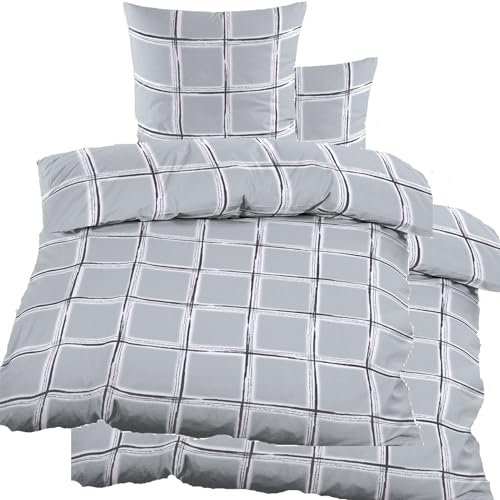 KH-Haushaltshandel 4-TLG. Biber Winter Bettwäsche 2X (135 x 200 + 80x80 cm), hellgrau, kariert, 100% Baumwolle (40140)