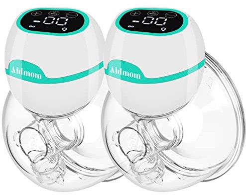 Aidmom Double Hands Free Breast Pump Electric Wearable Breast Pump Portable , 3 Modes&9 Level Touch HD Display Comes with 19mm /21mm/ 24mm/ 28mm Flanges
