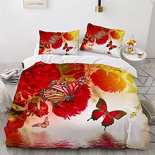 Luowei Bettwäsche 135x200cm Blumen&Schmetterling Bettbezug Set 2 Teilig Weiche Microfaser Rot Vintage Floral Schmetterlinge Bettbezug mit Reißverschluss und 1 Kissenbezug 80x80cm