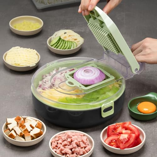 Vegetable Chopper,9 in 1 Kitchen Mandoline Food Chopper Multifunctional Vegetable Cutter Veg Onion Dicer Salad Chopper Potato Cutter Egg Yolk Separator with Large Capacity Double Layer Drainage Basket
