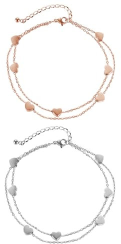 Epoch World 2 Pcs Bracelet Argent Femme avec Pendentif de Cœur Bracelet Coeur Bracelet en Argent Bracelet Or Rose Double Chaîne Bracelets Réglable Acier Inoxydable Bracelet Pour Femme et Filles