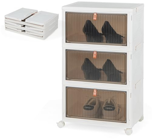 KOMFOTTEU Aufbewahrungsbox mit 3 Ebenen, Ordnungsbox stapelbar mit Deckel und Rädern, transparente Organizer-Box, Faltbox 40x27,5x64cm, Behälter für Schuhen, Kleidung (3 Ebenen)