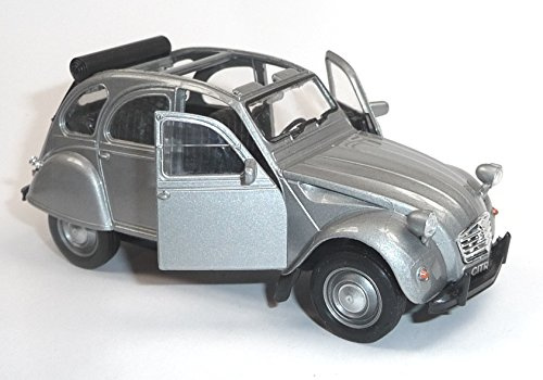 Modellauto kompatibel mit Citroen 2CV Ente Spritzguss ca. 1:34 = 11-12 cm Silber/offenes Verdeck