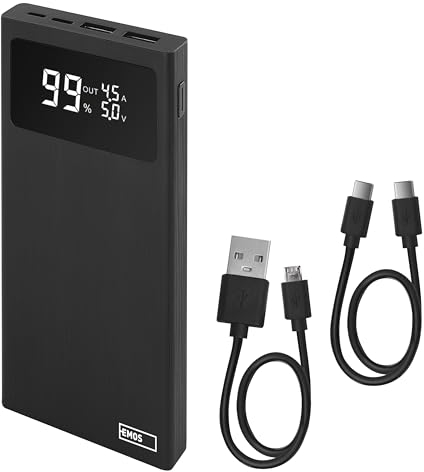 EMOS Powerbank BetaQ 10000mAh, 22,5 W Quick-Charge externer Akku/Ladegerät mit Passthrough und Display, 3X Output + 2X Input, inkl. Datenkabel USB/USB-C, Auto ON/Off, schwarz