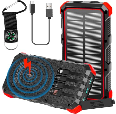 Solar Powerbank 26800mAh, Euakee Wireless Charging Power Bank mit 4 Kabeln & Campinglampe, wasserdichte Powerbank für 15W USB-C, Micro USB, Typ-C, iOS-Eingang 4 Ausgang 6 Eingangsanschlüsse (Rot)