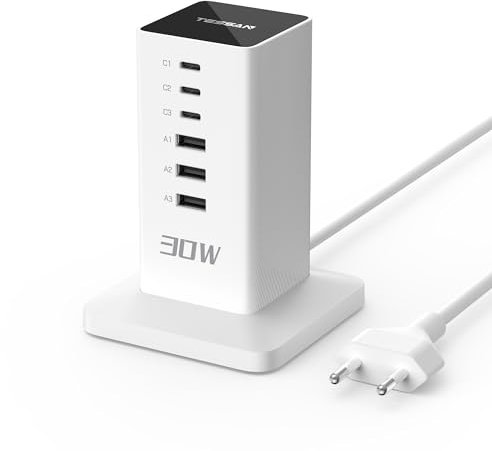 TESSAN 30W USB Ladegerät Mehrfach, 6 in 1 Ladestation mit 6 Ports (3 A und 3 C), USB Stecker, 30W Adapter mit 2m Kabel, Kompakt Charger, Netzteile für Handys, Tabletten usw