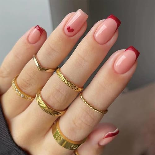24pcs Press-On False Nails:French Tip Red Heart Design Nude Pink Heart Stick-On Glue-On Acrylic Full Cover Nails For Women & Girls:Valentines Day Accessories