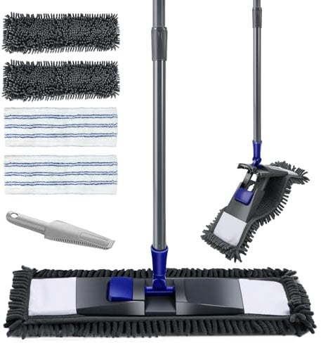 Myiosus Mocio piatto, rotazione a 360°, Mocio con manico telescopico da 128 cm, Mocio in ciniglia con 4 tamponi lavabili, per pavimenti in legno duro, laminato, pulizia dei pavimenti, 1 raschietto