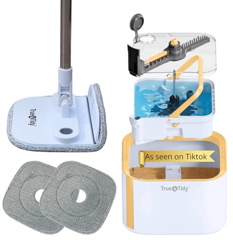 True & Tidy® TrueClean Mop and Bucket System Plus with New Easy Lift Inner Bucket, Self Wringing, Separates Clean from Dirty Water, Folding Mop Head, Dual Brush System, 2-pc Machine Washable Mop Pads