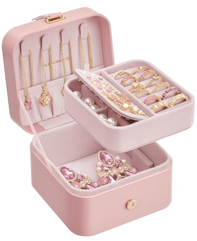 SONGMICS Caja Joyero de Viaje, Caja de Joyas Pequeña, 2 Niveles, Joyero Portátil, para Accesorios Grandes, 11,2 x 11,8 x 7,2 cm, Idea de Regalo, Rosa Jalea JBC185R02