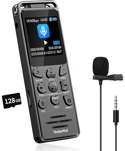 144GB Registratore Vocale Professionale, Volorful 70 Ore Registratore Audio con 1,44 Schermo Colori, Attivazione Vocale, Lettore MP3, USB-C Registratori Vocali Digitale Portatile per Lezioni Riunioni