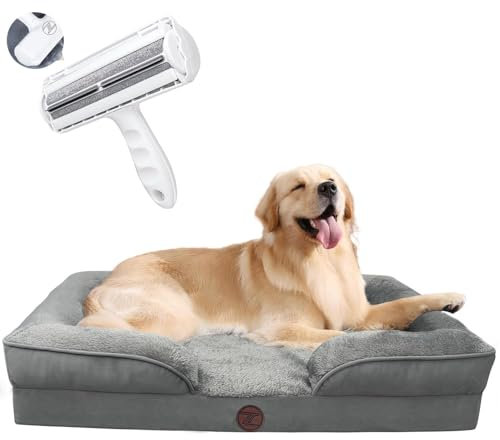 ZURMATRADE Orthopädisches Hundebett mit Memory Foam – Waschbar, rutschfest & bequem – Für große & kleine Hunde – Grau, Tierhaarentferner