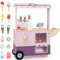 GYMAX Wooden Ice Cream Cart, Kids Grocery Store with 2 Wheels, Vending Machine, Display Stand & 15 Pcs Play Food, Pretend Play Dessert Toy Shop for 3 Year Old + (Pink)