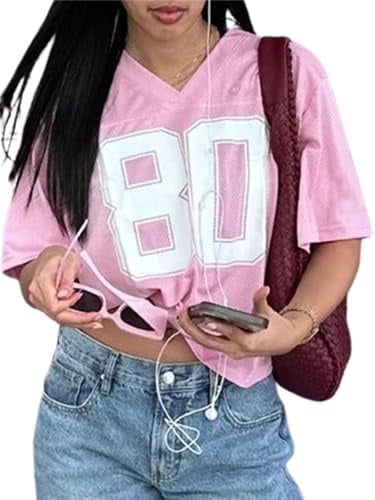 ensswliz Jersey Shirts for Women Y2k Oversized Number Graphic Tees V Neck Casual Jersey Summer Sporty Aesthetic Preppy Streetwear (A-Pink, S)