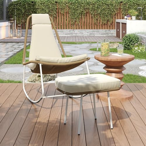 Moimhear Juego de 2 sillas mecedoras para balcón, acero galvanizado, cuerda trenzada a mano, con reposapiés, jardín y balcón, color beige y marrón