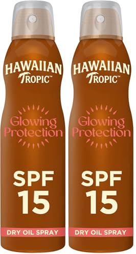 Hawaiian Tropic Glowing Protection Sunscreen Dry Oil Spray Mist, Water Resistant SPF 15 UVA plus UVB Protection Sunscreen Spray, Tropical Scent Sun Lotion with Island Botanicals, 177 ml (Pack of 2)