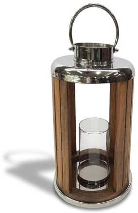Elm Home And Garden Mango Wood and Stainless Steel Lantern - Glass Hurricane Candle Holder - Rustic Modern Decorative Lantern for Use - Natural Wood and Silver (48cm High x 26cm Wide x 26cm Deep)