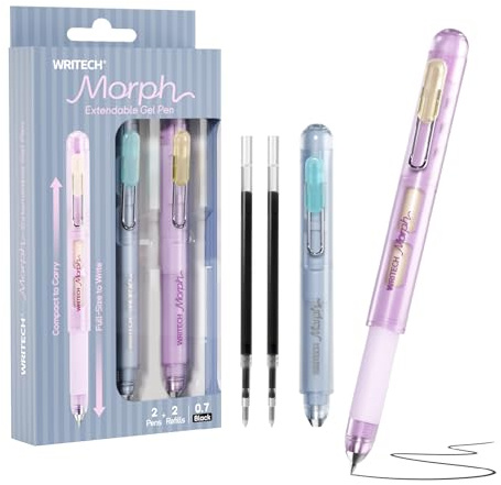 WRITECH Morph Extendable Gel Pens: 0.7mm Medium Point Black Ink Pocket-to-Full-Size Design Translucent Soft Grip Barrel Includes 2 Pens and 2 Refills Dual-Length Pocket Pen 4.6 to 6.1