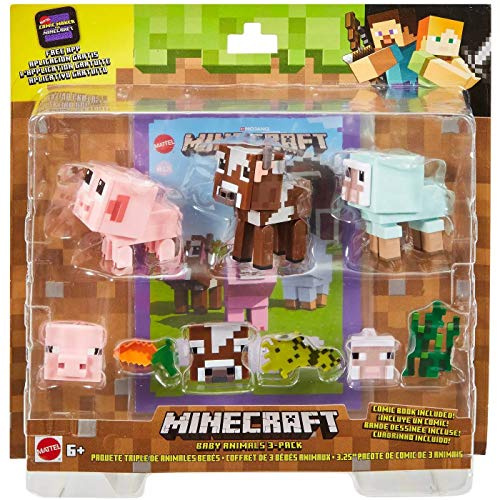 Mattel GFY78 Minecraft Comic-Modus Tierfiguren 3er-Pack mit Futterzubehör und austauschbaren Gesichtsausdrücken, Spielzeug ab 6 Jahren